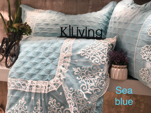 SEA BLUE NAZAKAT BEAUTIFUL QUILTED BED COVER/COMFORTER  AND PILLOW CASES WITH LACES -GTCCP001