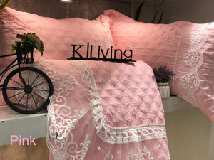 PINK NAZAKAT BEAUTIFUL QUILTED BED COVER/COMFORTER/ DUVET  AND PILLOW CASES WITH LACES -GTCCP002