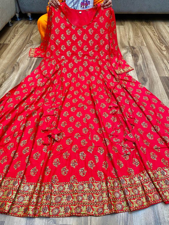 NP Exclusive Collection Red Color Premium full flair gown Kurti with Gold foil Work for Women -OFZBKW001RK