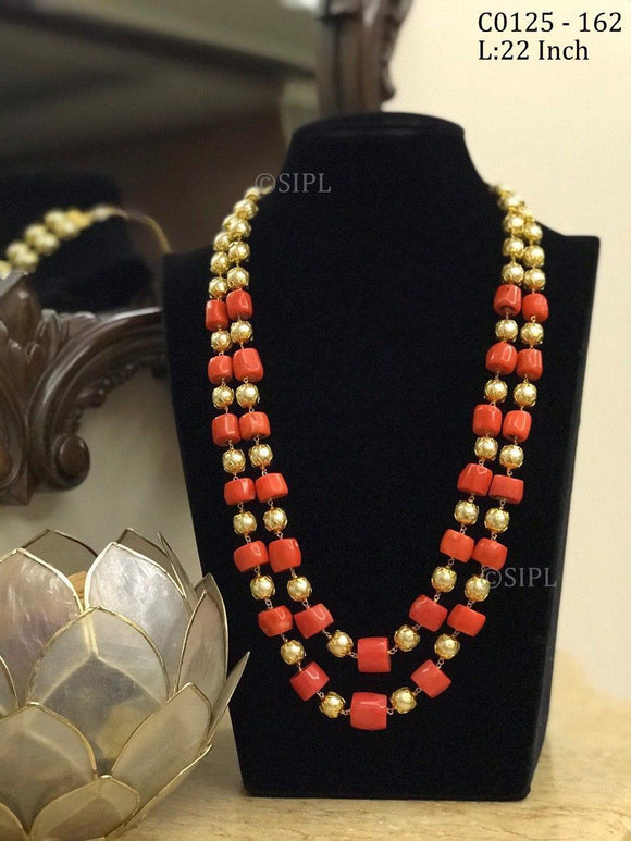 DOUBLE LAYER PEARL AND CORAL NECKLACE FOR WOMEN -NJC001CPNW