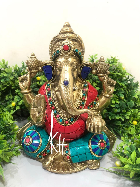 Beautiful Ganesh In Brass With stone work-HDVBG001