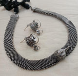 OXIDISED SILVER KETTLE NECKLACE SET WITH THREAD FOR WOMEN -AMJS001