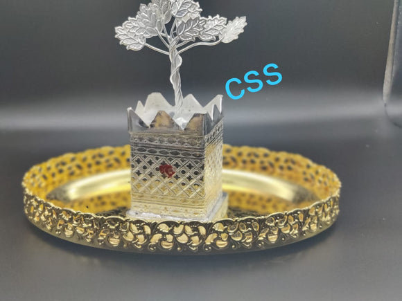 GERMAN SILVER TULSI TREE WITH TRAY FOR PUJA-CSSTTT001