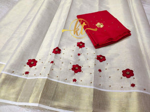 KERALA STYLE TISSUE SAREE WITH EMBROIDERY WORK AND BLOUSE-CFSTS0001