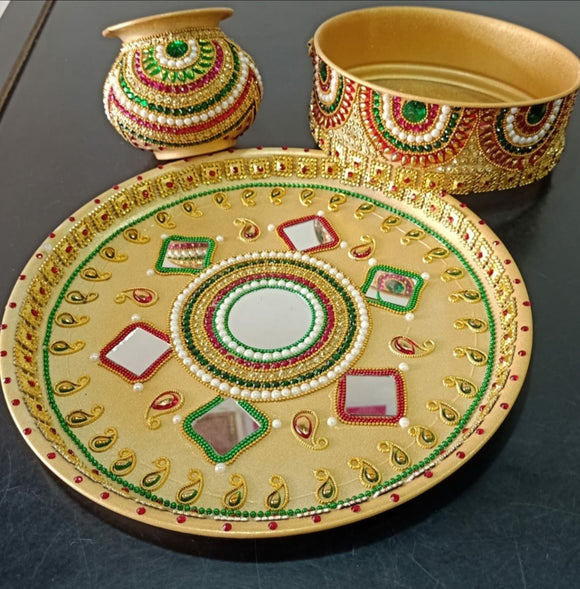 KARVA CHAUTH THALI SET WITH MIRROR WORK  FROM SOOSI -PHCOD2001