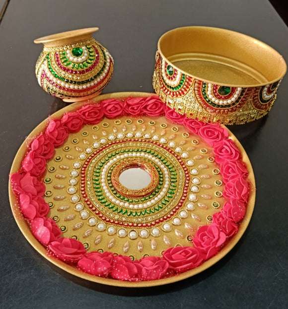 PINK ROSES  KARVA CHAUTH THALI SET WITH MIRROR WORK  FROM SOOSI -PHCOD2001B