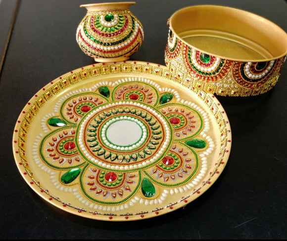 KARVA CHAUTH THALI SET WITH MIRROR WORK  FROM SOOSI -PHCOD2001B