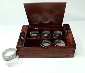 WOODEN MASALA BOX WITH 6 GLASS BOTTLES AND SPOON SLOTS-SSHDMB001