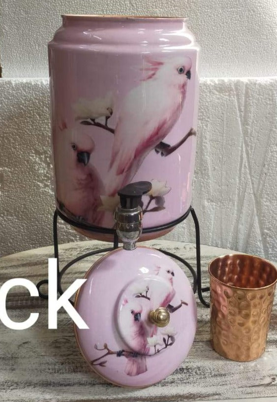 PINK BIRDS,ENAMELLED PRINTED 5 LITRES COPPER WATER DISPENSER  TANK WITH COPPER GLASS-SSHDCT001PB
