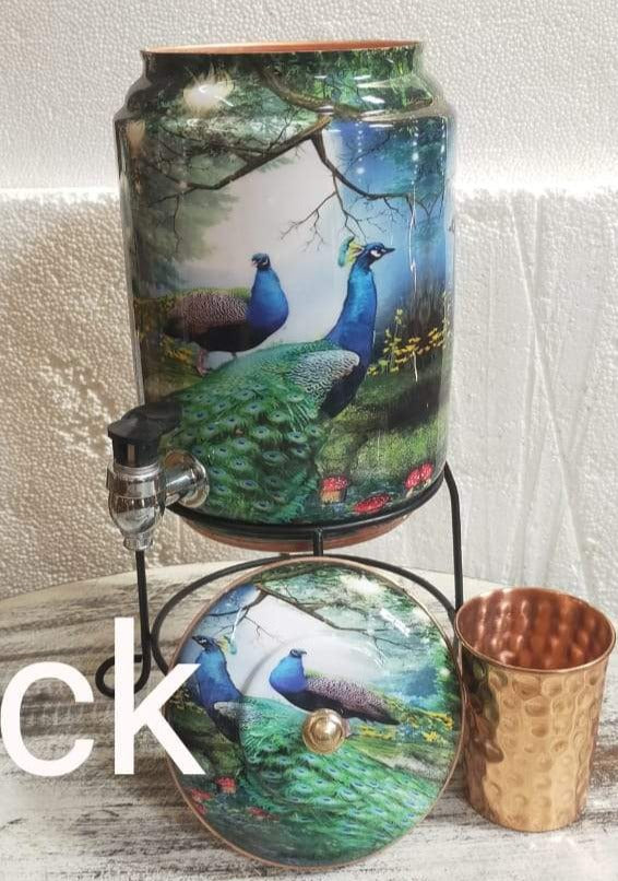 PEACOCK DESIGN ,ENAMELLED PRINTED 5 LITRES COPPER WATER DISPENSER  TANK WITH COPPER GLASS-SSHDCT001PD