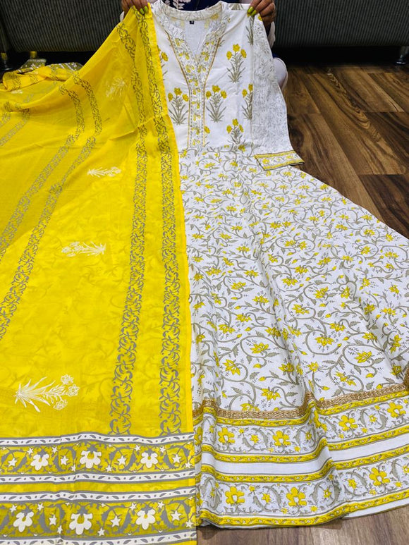 NP Premium Cotton full flair gown with Block print & Malmal  Cotton Duppata with block print .