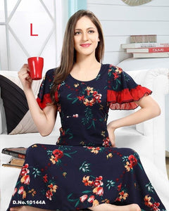 NEW IMPORTED DEEP BLUE PRINTED  RAYON COTTON NIGHTY WITH RED FRILLS FOR WOMEN -SANNW001