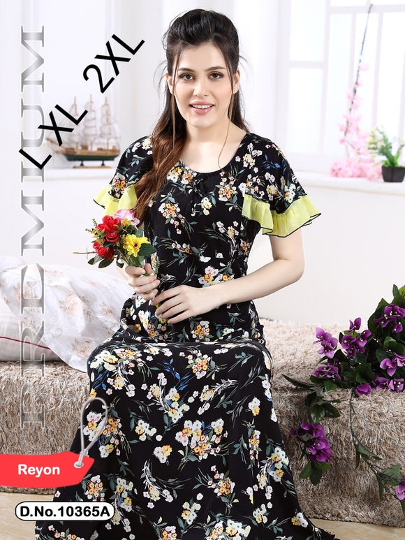 NEW IMPORTED BLACK PRINTED  RAYON COTTON NIGHTY WITH YELLOW FRILLS FOR WOMEN -SANNW001BLY