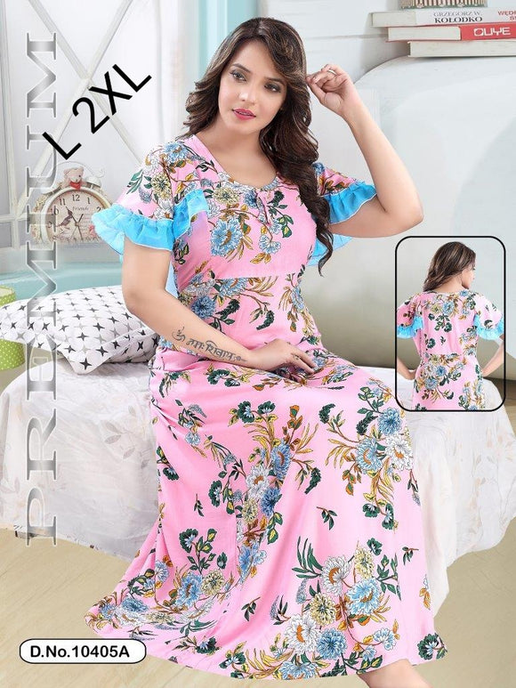 NEW IMPORTED PINK PRINTED  RAYON COTTON NIGHTY WITH BLUE FRILLS FOR WOMEN -SANNW001PB