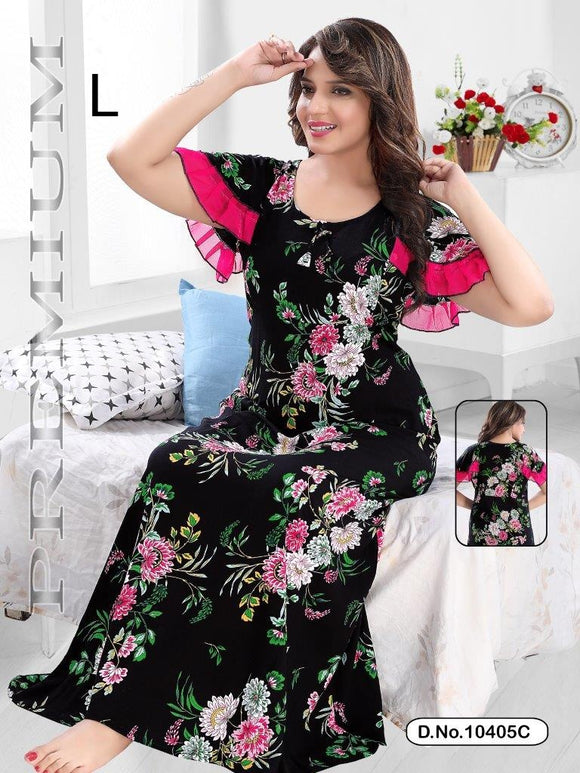 NEW IMPORTED BLACK PRINTED  RAYON COTTON NIGHTY WITH PINK FRILLS FOR WOMEN -SANNW001BLP