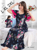 NEW IMPORTED DEEP BLUE PRINTED  RAYON COTTON NIGHTY WITH PINK FRILLS FOR WOMEN -SANNW001DBP