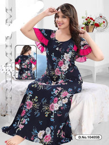 NEW IMPORTED DEEP BLUE PRINTED  RAYON COTTON NIGHTY WITH PINK FRILLS FOR WOMEN -SANNW001DBP