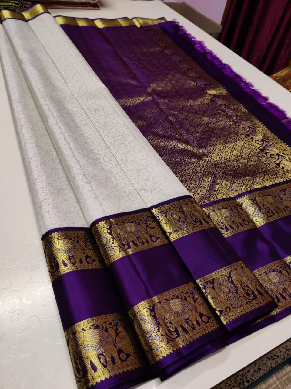 Ivory White Kanjivaram Soft Woven Silk Saree – Ranjvani
