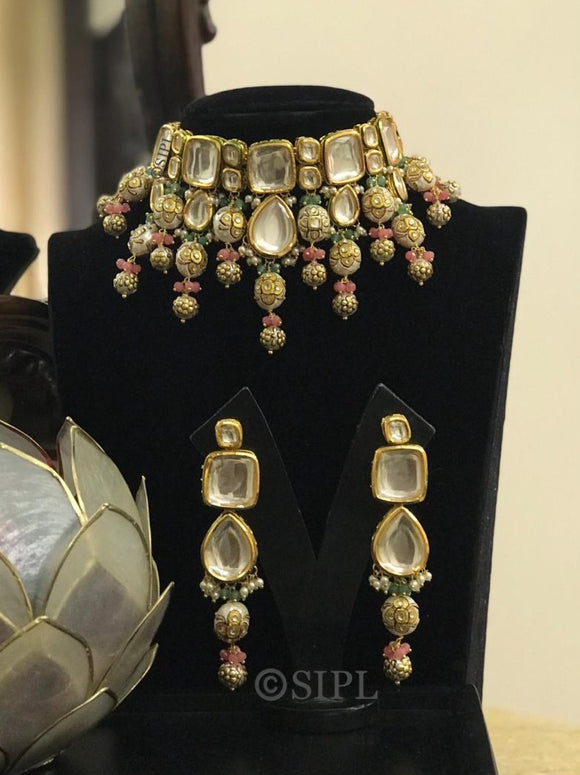 SIPL COLLECTION BRIDAL KUNDAN NECKLACE WITH MATCHING LONG EARRINGS FOR WOMEN -RSRKNSW001