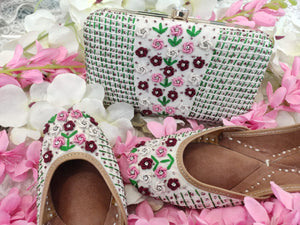 Spring Flowers, Combo Of White Mojari with Clutch Bag for Women-JCMCC001SF