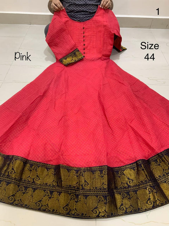 Pink Madurai Sungudi All over Zari checks Fabric Long Gown /Kurti  with Zari Borders With Lining-SADSSKW001
