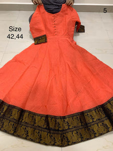 PEACH, Madurai Sungudi All over Zari checks Fabric Long Gown /Kurti  with Zari Borders With Lining-SADSSKW001
