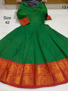 GREEN AND RED , Madurai Sungudi All over Zari checks Fabric Long Gown /Kurti  with Zari Borders With Lining-SADSSKW001