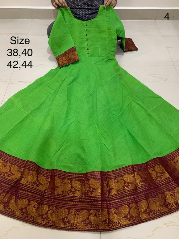 PARROT GREEN  , Madurai Sungudi All over Zari checks Fabric Long Gown /Kurti  with Zari Borders With Lining-SADSSKW001