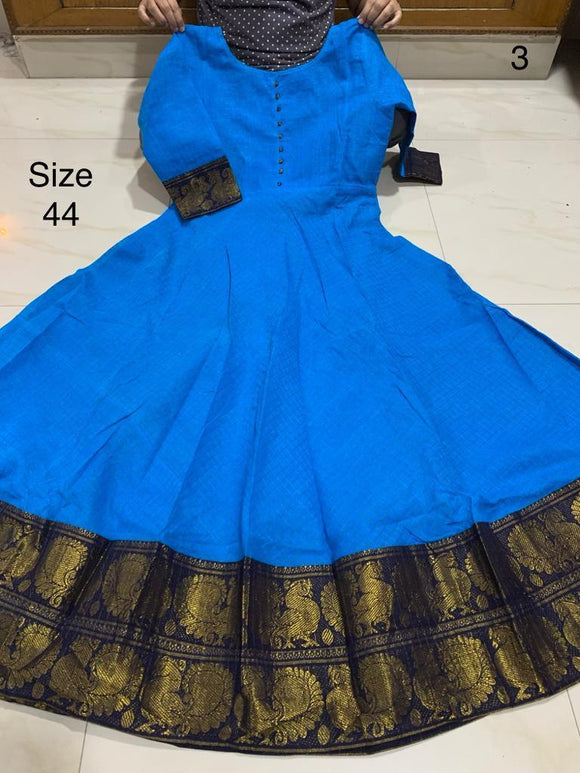 HAPPY BLUE   , Madurai Sungudi All over Zari checks Fabric Long Gown /Kurti  with Zari Borders With Lining-SADSSKW001