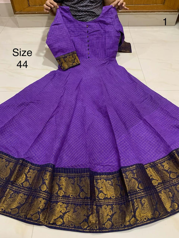 VIOLET  , Madurai Sungudi All over Zari checks Fabric Long Gown /Kurti  with Zari Borders With Lining-SADSSKW001