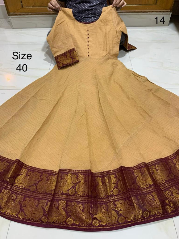 SANDAL COLOR  , Madurai Sungudi All over Zari checks Fabric Long Gown /Kurti  with Zari Borders With Lining-SADSSKW001