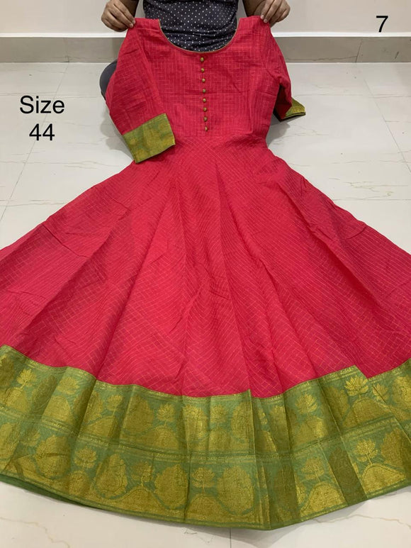 MAGENTA   , Madurai Sungudi All over Zari checks Fabric Long Gown /Kurti  with Zari Borders With Lining-SADSSKW001