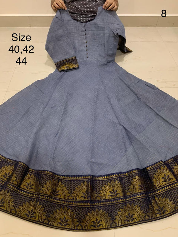 GREY  , Madurai Sungudi All over Zari checks Fabric Long Gown /Kurti  with Zari Borders With Lining-SADSSKW001