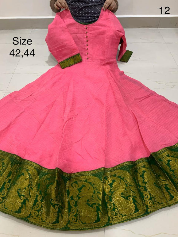 PINK AND GREEN  , Madurai Sungudi All over Zari checks Fabric Long Gown /Kurti  with Zari Borders With Lining-SADSSKW001