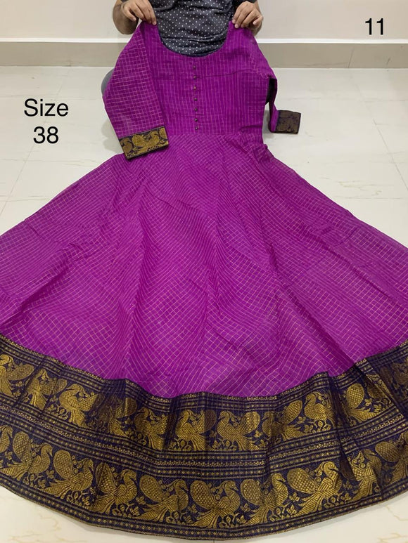 PURPLE, Madurai Sungudi All over Zari checks Fabric Long Gown /Kurti  with Zari Borders With Lining-SADSSKW001