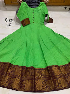 GREEN AND MAROON, Madurai Sungudi All over Zari checks Fabric Long Gown /Kurti  with Zari Borders With Lining-SADSSKW001