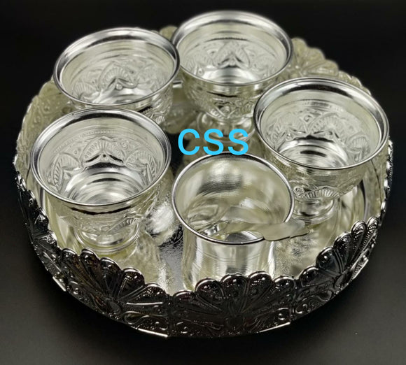 GERMAN SILVER TRAY WITH 4 BOWLS AND PANCHAPATRA -CSSG1001T