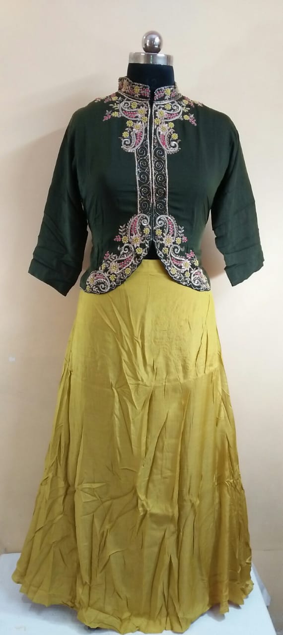 Mustard Green  Muslin Crop Top with Heavy Handwork and with Muslin Skirt.-ICSTW001