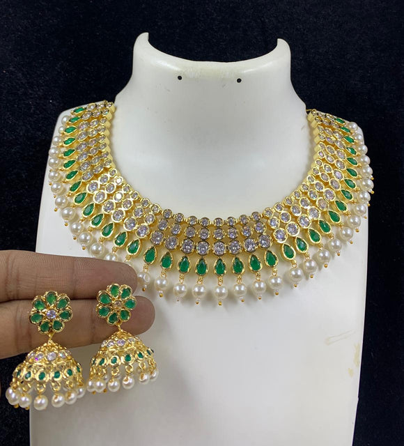 GOLDEN FINISH PEARL POLKA NECKLACE SET WITH JUMKA FOR WOMEN -AJNSW001