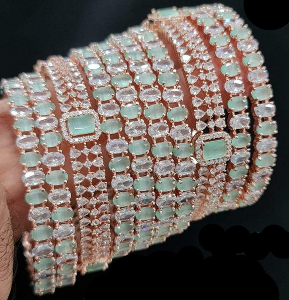 ROSEMINT, GORGEOUS ROSE GOLD FINISH SET OF 10 ,BRIDAL BANGLES WITH PASTEL GREEN SHADE STONES-SKDPSBSW001