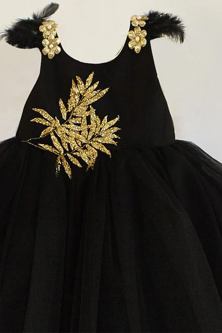 Black flared dress with embroidered leaf motifs & 3D floral applique