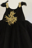 Black flared dress with embroidered leaf motifs & 3D floral applique