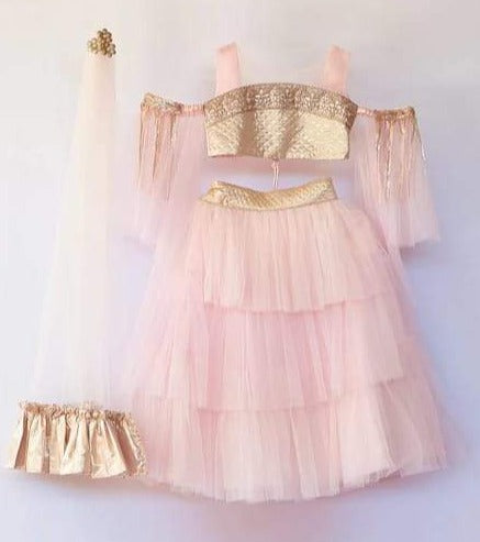 KIDS FASHION,Peach layered lehenga with quilted waistband, Paired with embroidered Blouse & Dupatta-DCPLG001