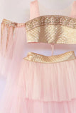 KIDS FASHION,Peach layered lehenga with quilted waistband, Paired with embroidered Blouse & Dupatta-DCPLG001