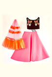 KID FASHION, Red lehenga with 3D floral embroidered blouse. Paired with frill dupatta-DCKL002