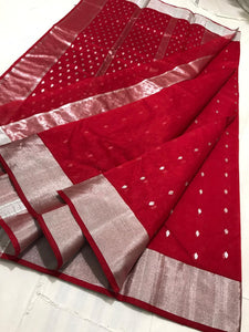 RED AND SILVER CHANDERI SILK AND COTTON SAREE FOR WOMEN -SACSCSW001