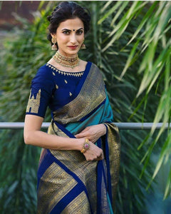 Superhit Design Blue Kanjivaram Style Soft Silk Saree for Women with Golden Embroidery Work-JGR10001