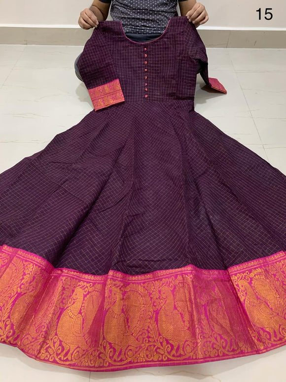 Madurai Sungudi Gown /Long Kurti with All over Zari checks with Zari Borders With Lining-SAYDSKW001PP