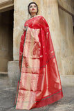 RED COLOR  ORIGINAL KATAN SILK AND  SAREE WITH ELEPHANT WEAVED BORDERS FOR WOMEN -SAKSWEB001