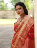 RED COLOR  ORIGINAL KATAN SILK AND  SAREE WITH ELEPHANT WEAVED BORDERS FOR WOMEN -SAKSWEB001